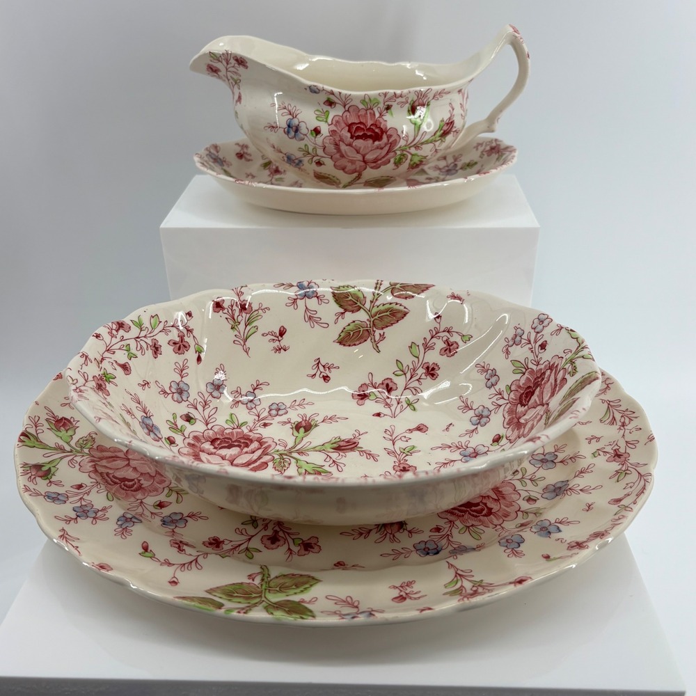 Johnson Brothers Rose Chintz Gravy Boat Serving Platter Bowl Pink Floral England